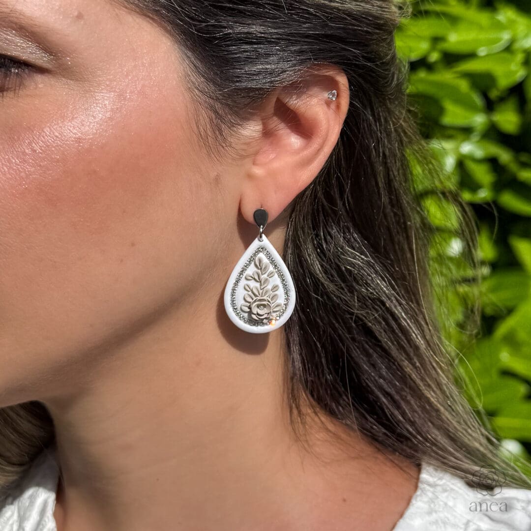 Mistrale | Ivory Garden | White & Taupe Floral Earrings with Silver Crystal Detail - Image 3