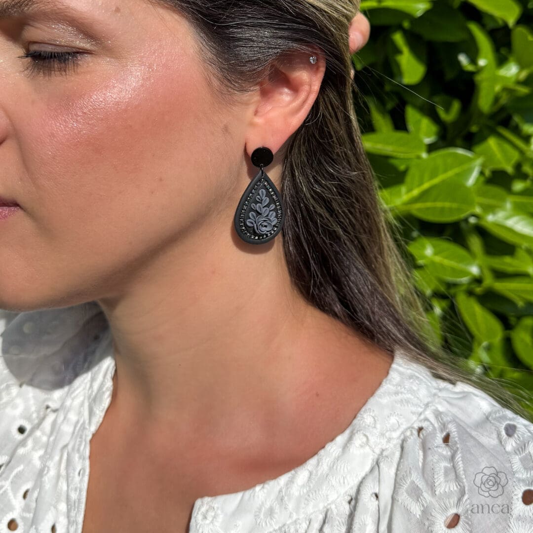 Mistrale | Noir Bloom | All-Black Floral Teardrop Earrings with Dark Crystal Detail - Image 4