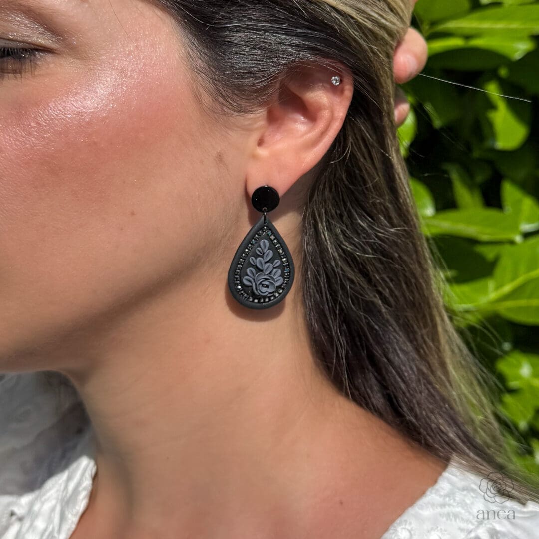 Mistrale | Noir Bloom | All-Black Floral Teardrop Earrings with Dark Crystal Detail - Image 3