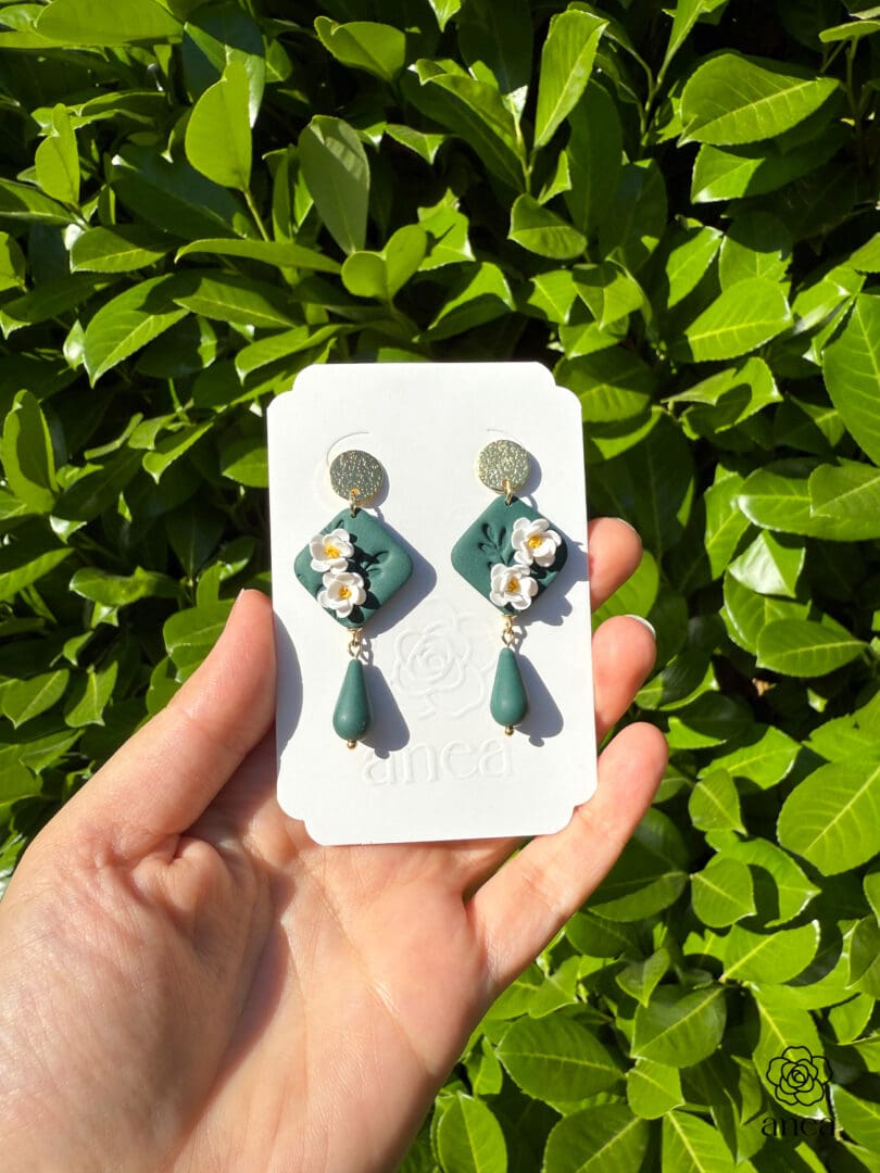 Jasmin | Emerald Green Floral Diamond Earrings with Teardrop Charm - Image 2