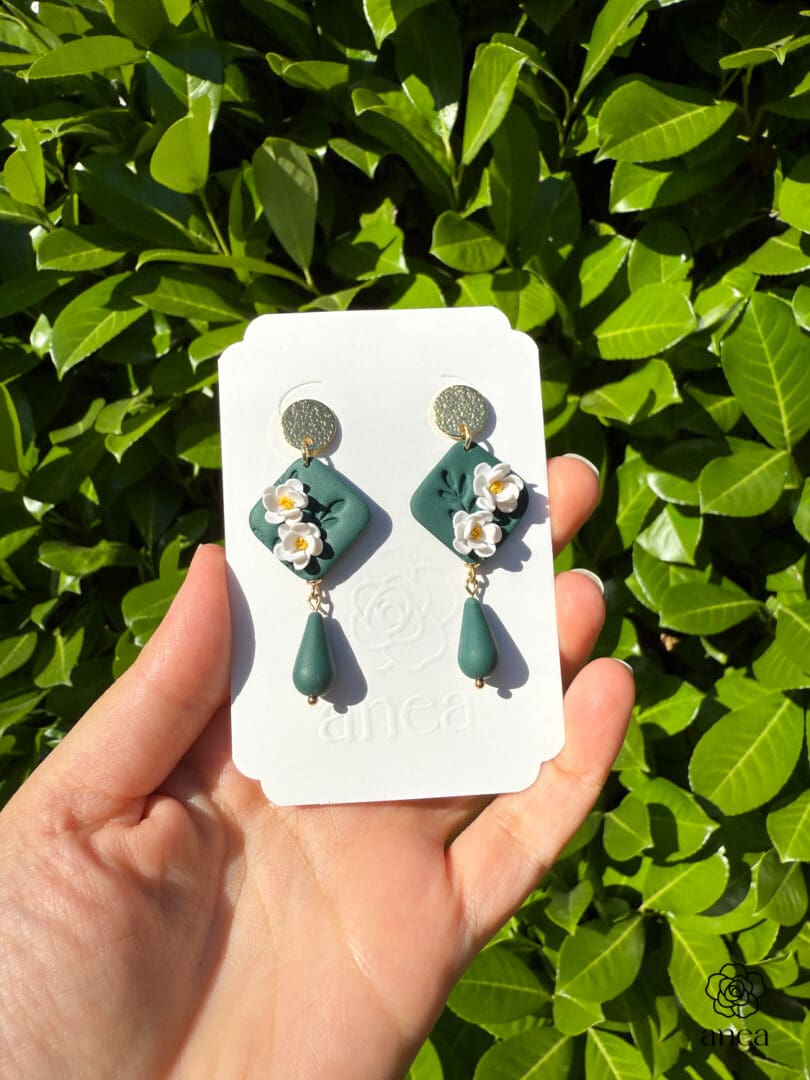 Jasmin | Emerald Green Floral Diamond Earrings with Teardrop Charm - Image 3