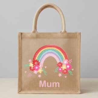 Natural jute tote bag with a pink and red watercolor rainbow and floral design, personalised with the word Mum in pink text.