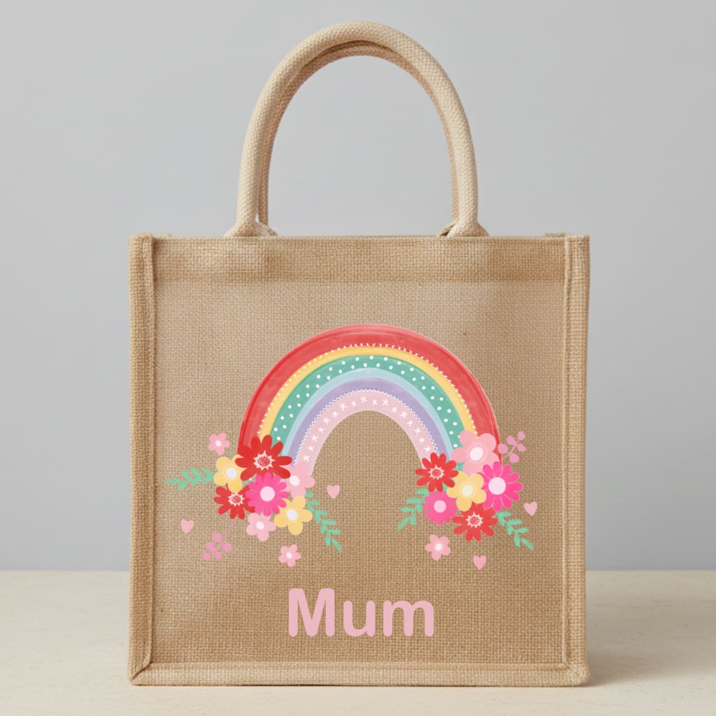 Natural jute tote bag with a pink and red watercolor rainbow and floral design, personalised with the word Mum in pink text.