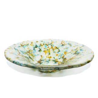 large fused glass bowl with a scattering of blue and topaz amongst clear glass