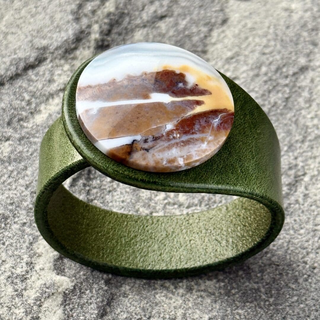 Moss Agate in Jasper gemstone real leather bracelet in green made by Freak Like Me in Bristol