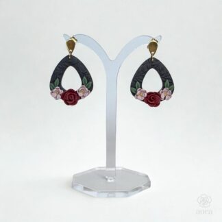 Noira | Hand-Sculpted Dark Floral Earrings with Red Rose & Embossed Detail