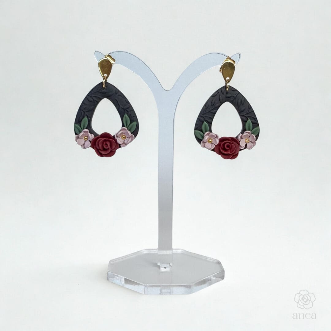 Noira | Hand-Sculpted Dark Floral Earrings with Red Rose & Embossed Detail