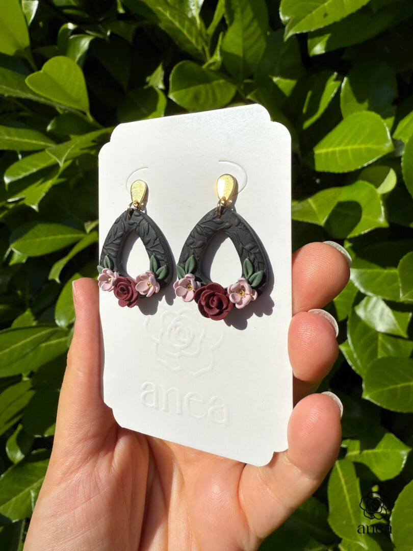 Noira | Hand-Sculpted Dark Floral Earrings with Red Rose & Embossed Detail - Image 3