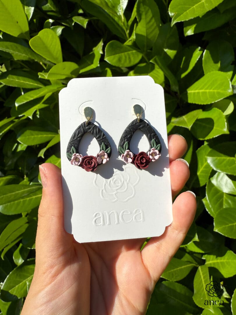 Noira | Hand-Sculpted Dark Floral Earrings with Red Rose & Embossed Detail - Image 2