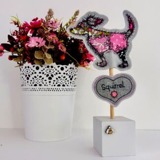 Pink fabric patchwork dog standing decoration. One of a kind gift for dog lovers