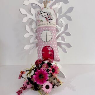 Pink spotty and floral fabric cottage hanging decoration