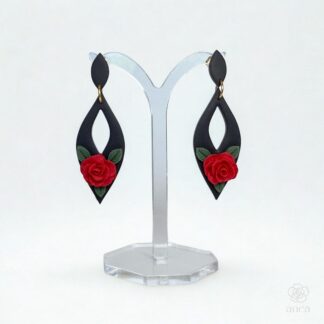 Ravena | Black Diamond Cutout Earrings with Sculpted Red Rose