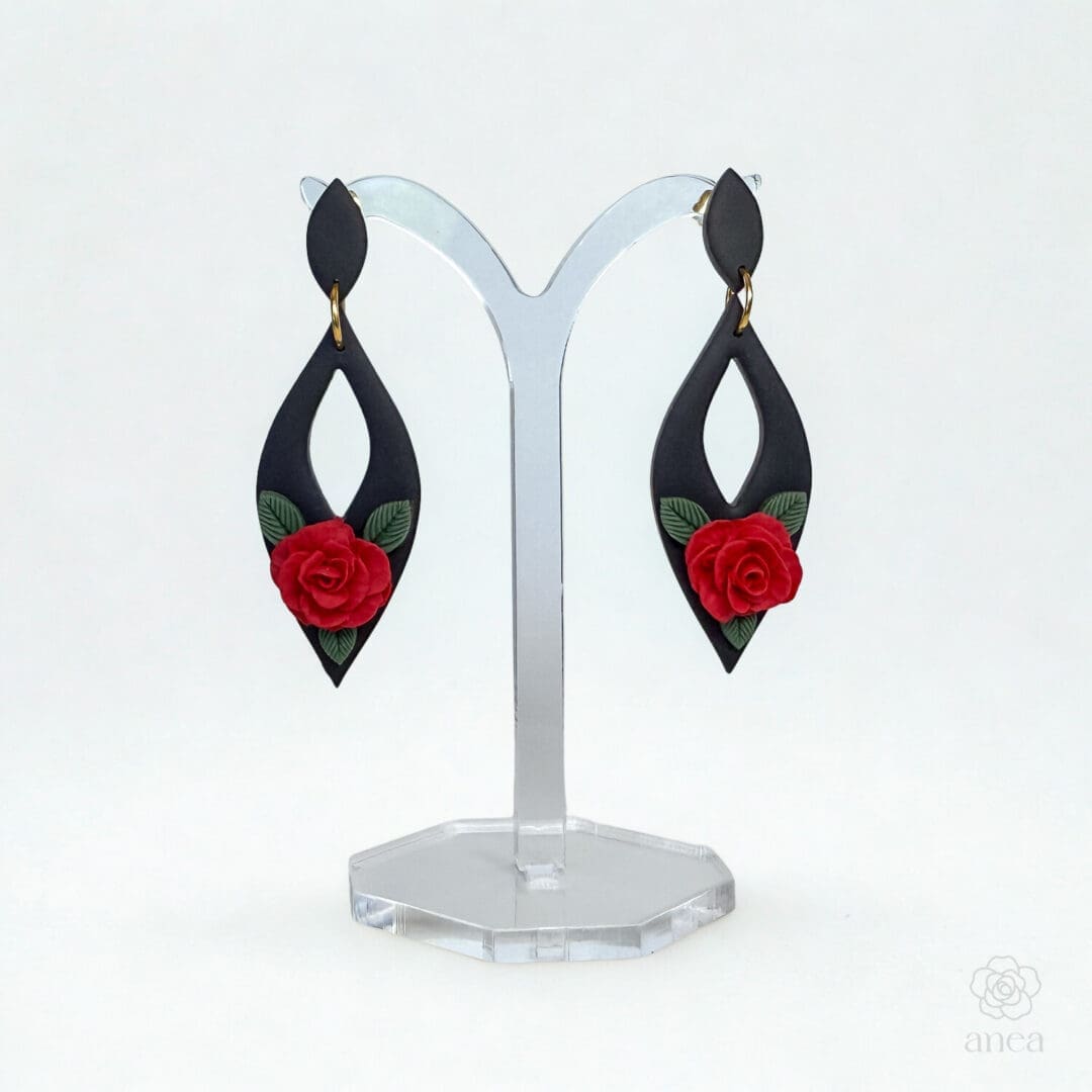 Ravena | Black Diamond Cutout Earrings with Sculpted Red Rose