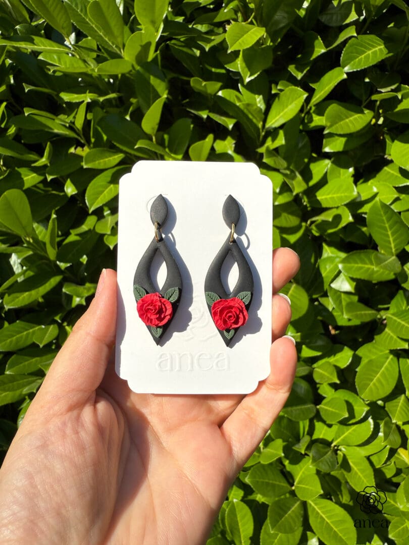 Ravena | Black Diamond Cutout Earrings with Sculpted Red Rose - Image 2