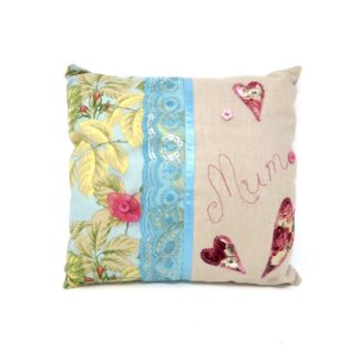 Small handmade lace trimmed cushion with 'Mum' embroidery