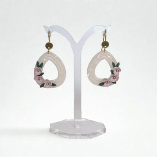 Flora | Pearlescent White Teardrop Earrings with Pink Blooms