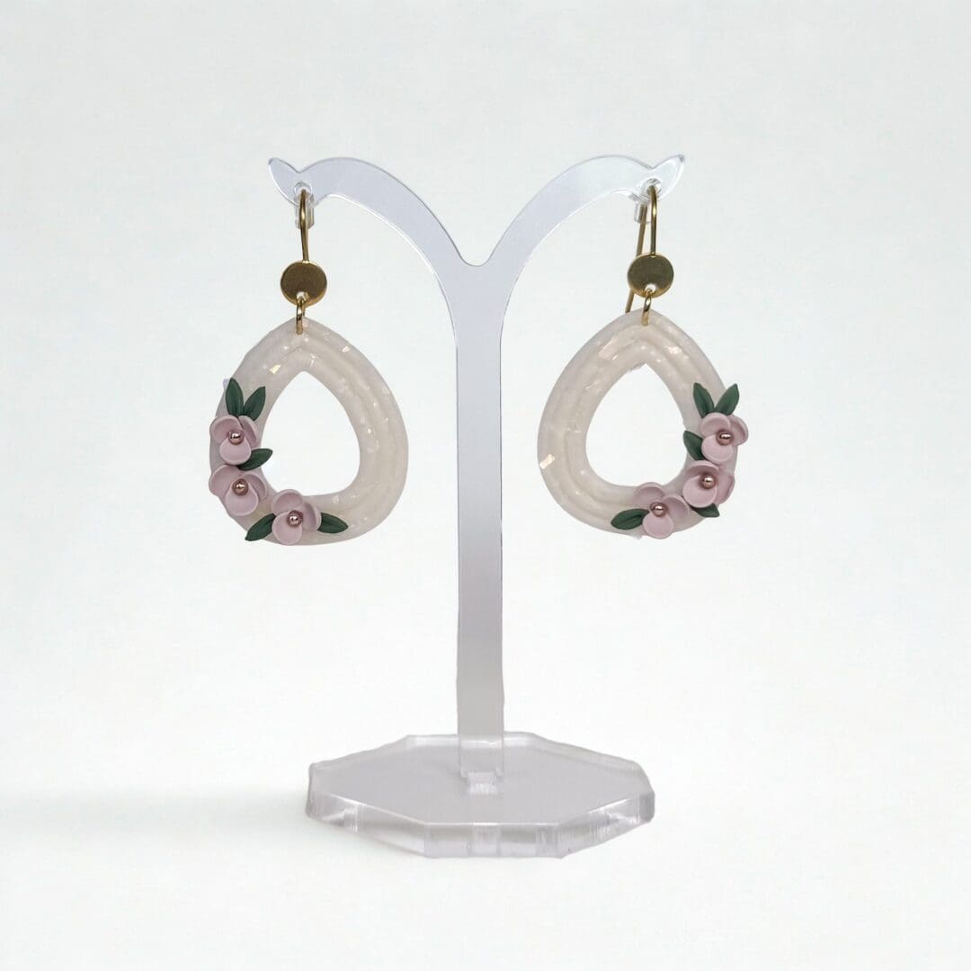 Flora | Pearlescent White Teardrop Earrings with Pink Blooms
