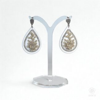 Mistrale | Ivory Garden | White & Taupe Floral Earrings with Silver Crystal Detail