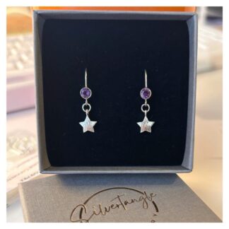 Small silver star hangs from a silver ear wire in which is set a round amethyst gemstone. The earrings are in a grey box with black foam insert.