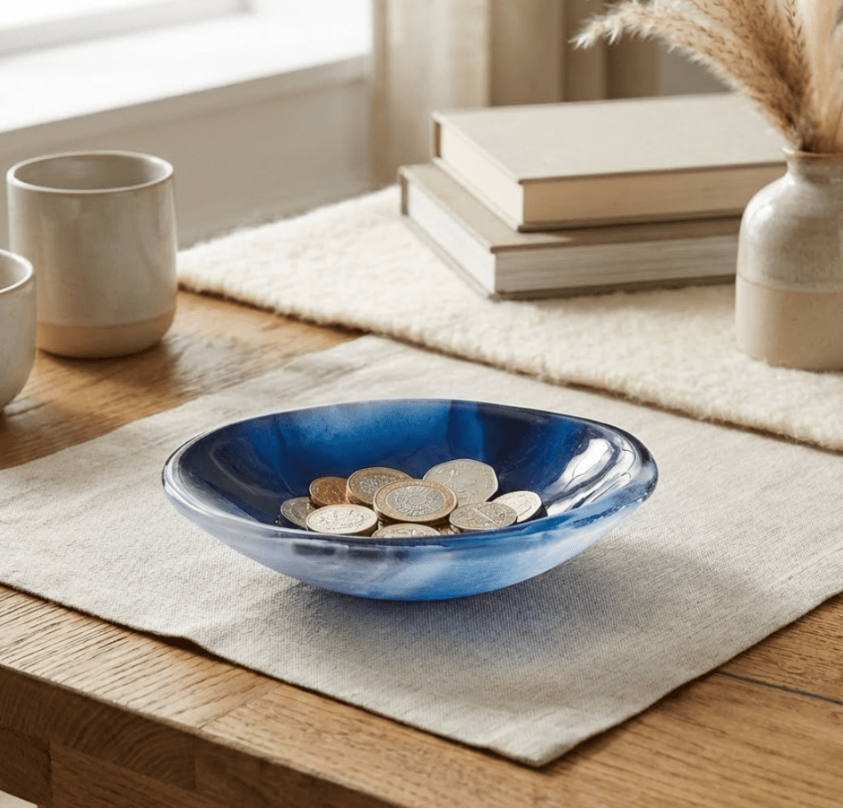 Small 12cm handmade blue glass bowl with white marbled swirls, artisan trinket or catchall dish.
