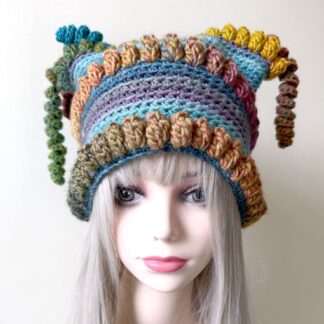 Blue Rainbow Beanie Hat with Tassels