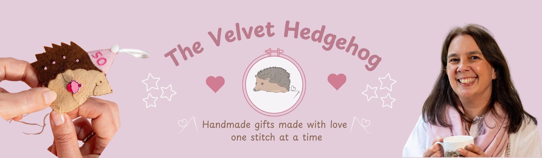 The Velvet Hedgehog banner showing a picture of me Clare the maker and a picture of my hands sewing one of my hedgehog decorations