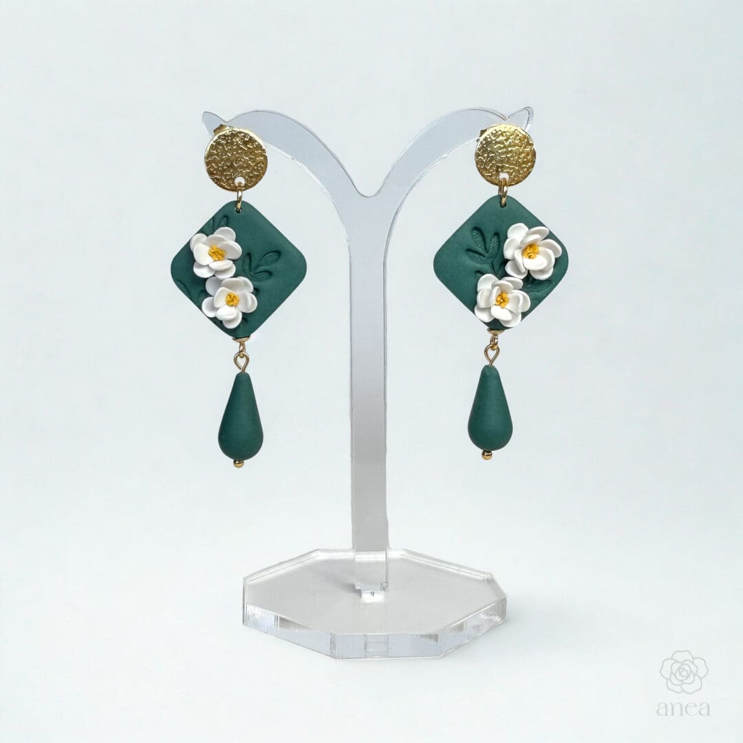Jasmin | Emerald Green Floral Diamond Earrings with Teardrop Charm
