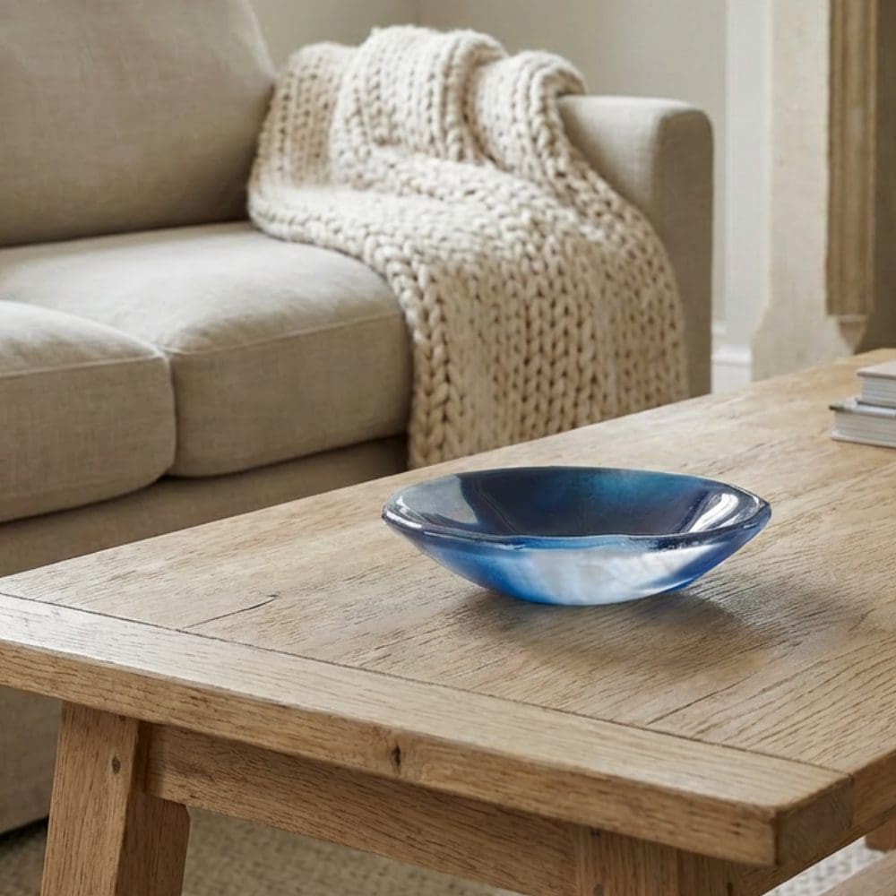 Ocean inspired blue marbled glass bowl with swirling sea-like patterns, handmade small decorative dish.