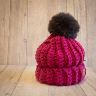 Crochet winter woolly bobble hat handmade in pink