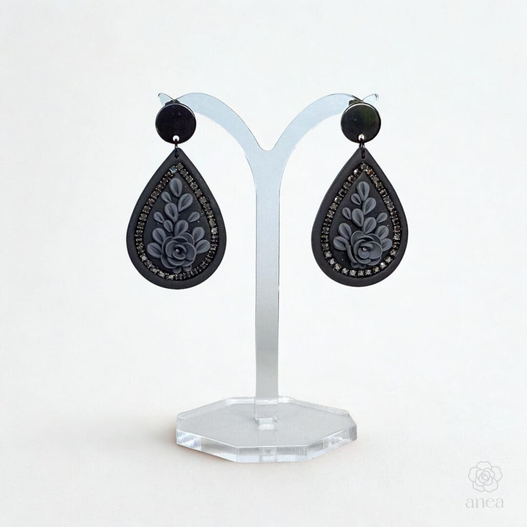 Mistrale | Noir Bloom | All-Black Floral Teardrop Earrings with Dark Crystal Detail