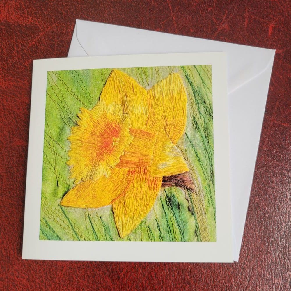 Embroidered daffodil printed greetings card.