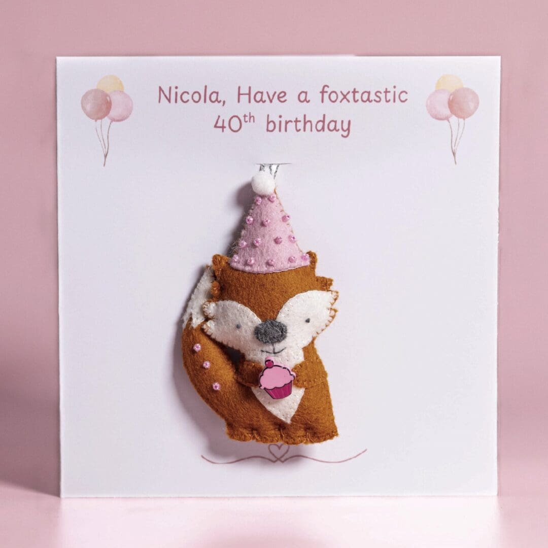 Personalised fox birthday card with handmade birthday fox decoration