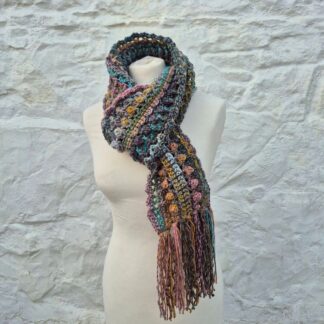 funky crocheted scarf dusky tones