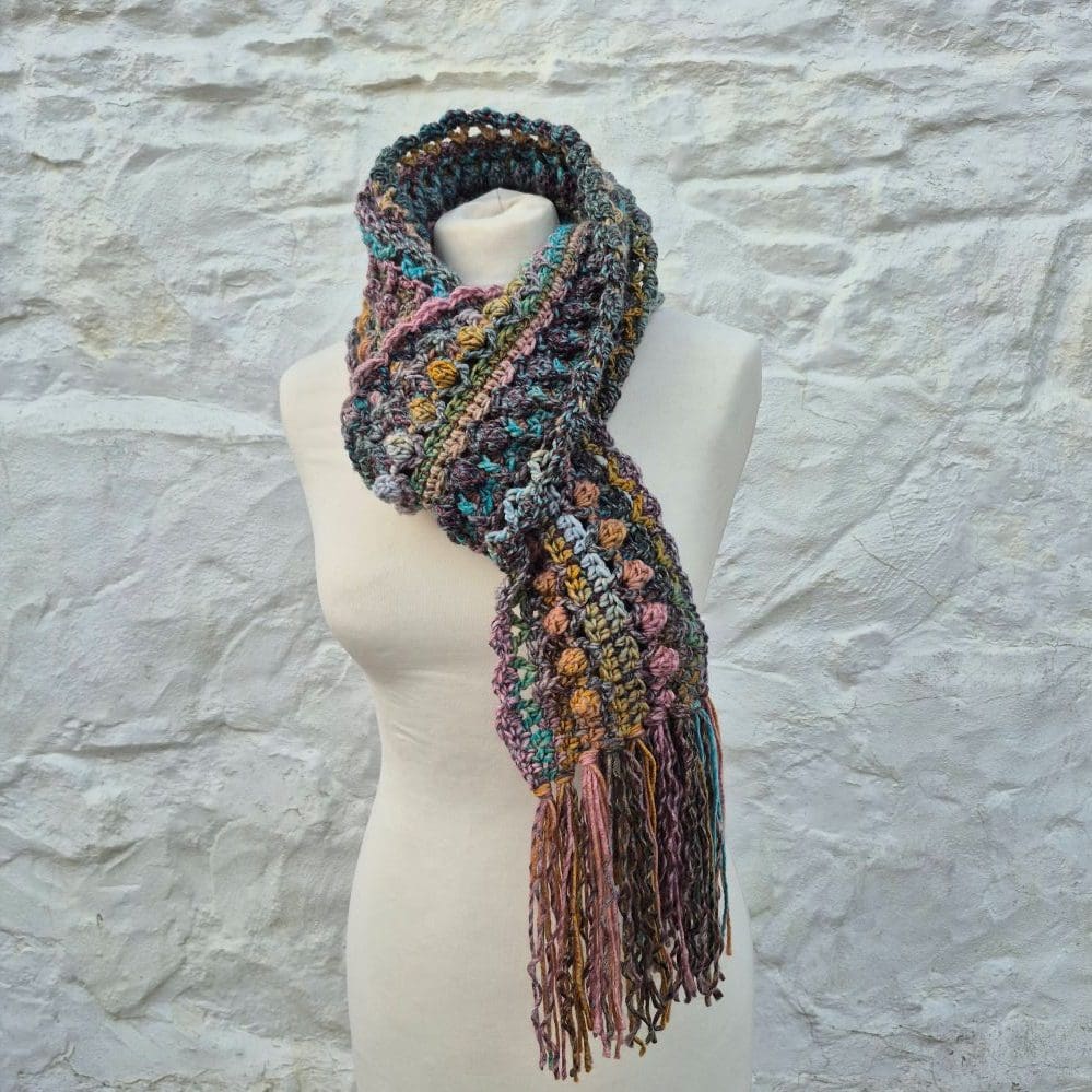 funky crocheted scarf dusky tones