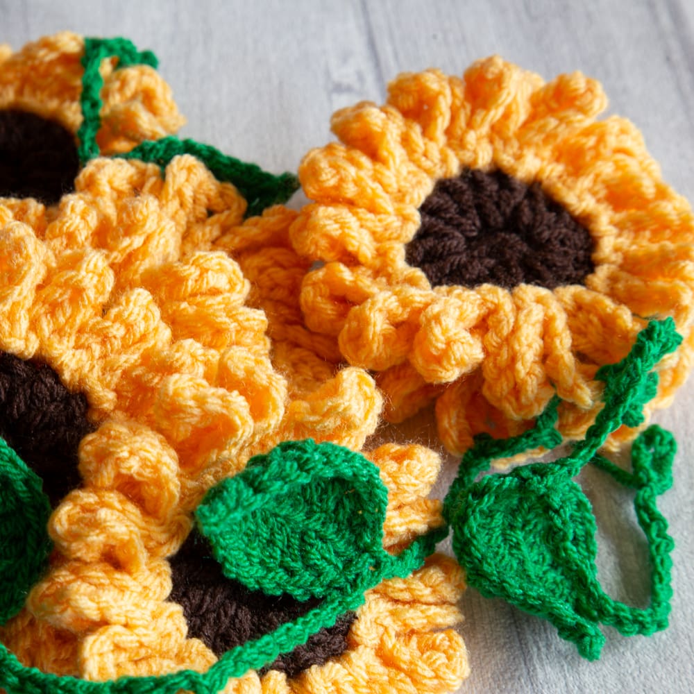 Handmade crochet bunting sunflowers in yellow and brown