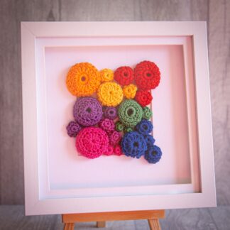 Handmade crochet framed art colourful rainbow