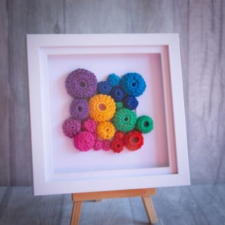 Handmade crochet framed art rainbow spectrum