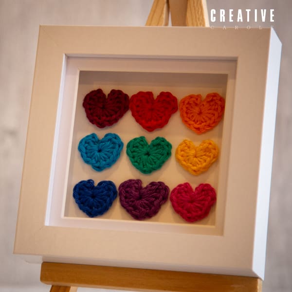 Handmade crochet mini framed art rainbow mini hearts