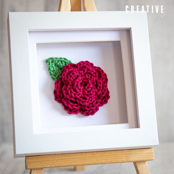 Handmade crochet mini framed art rose with green leaf