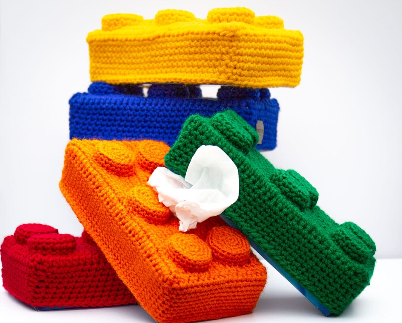 Handmade crochet lego brick tissue covers