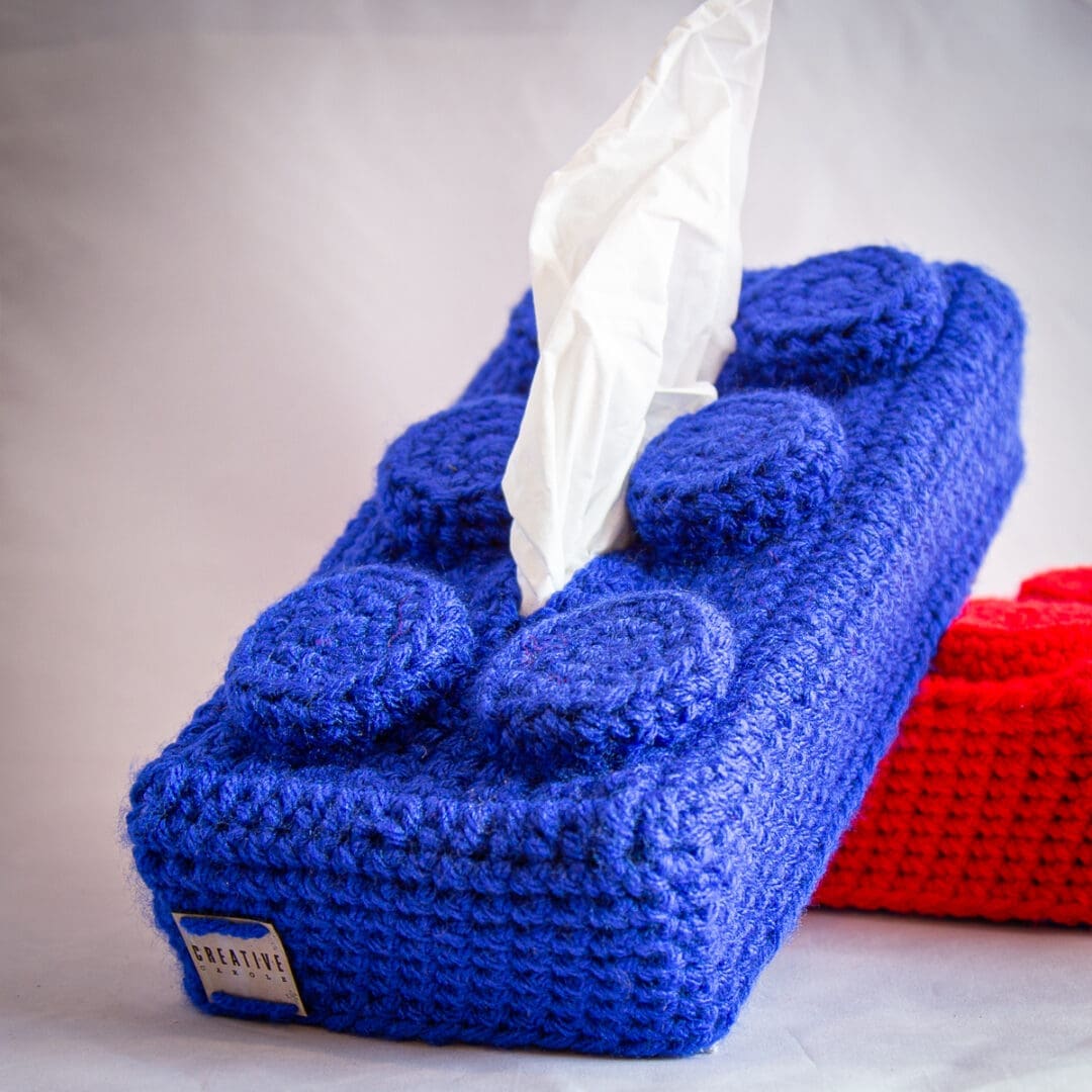 Handmade crochet lego brick tissue cover blue
