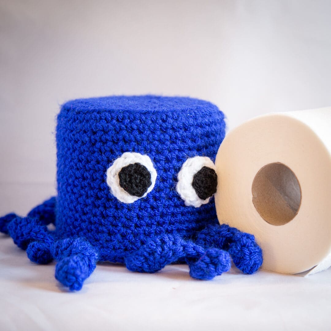 Handmade crochet octopus loo roll cover blue