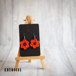 Handmade micro crochet earrings orange daisy with purple centre