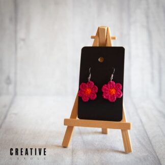 Handmade micro crochet earrings pink daisy with orange centre