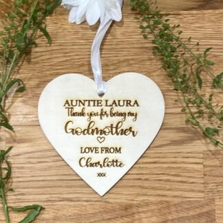 Personalised Godmother Gift: Engraved Wooden Heart Thank You
