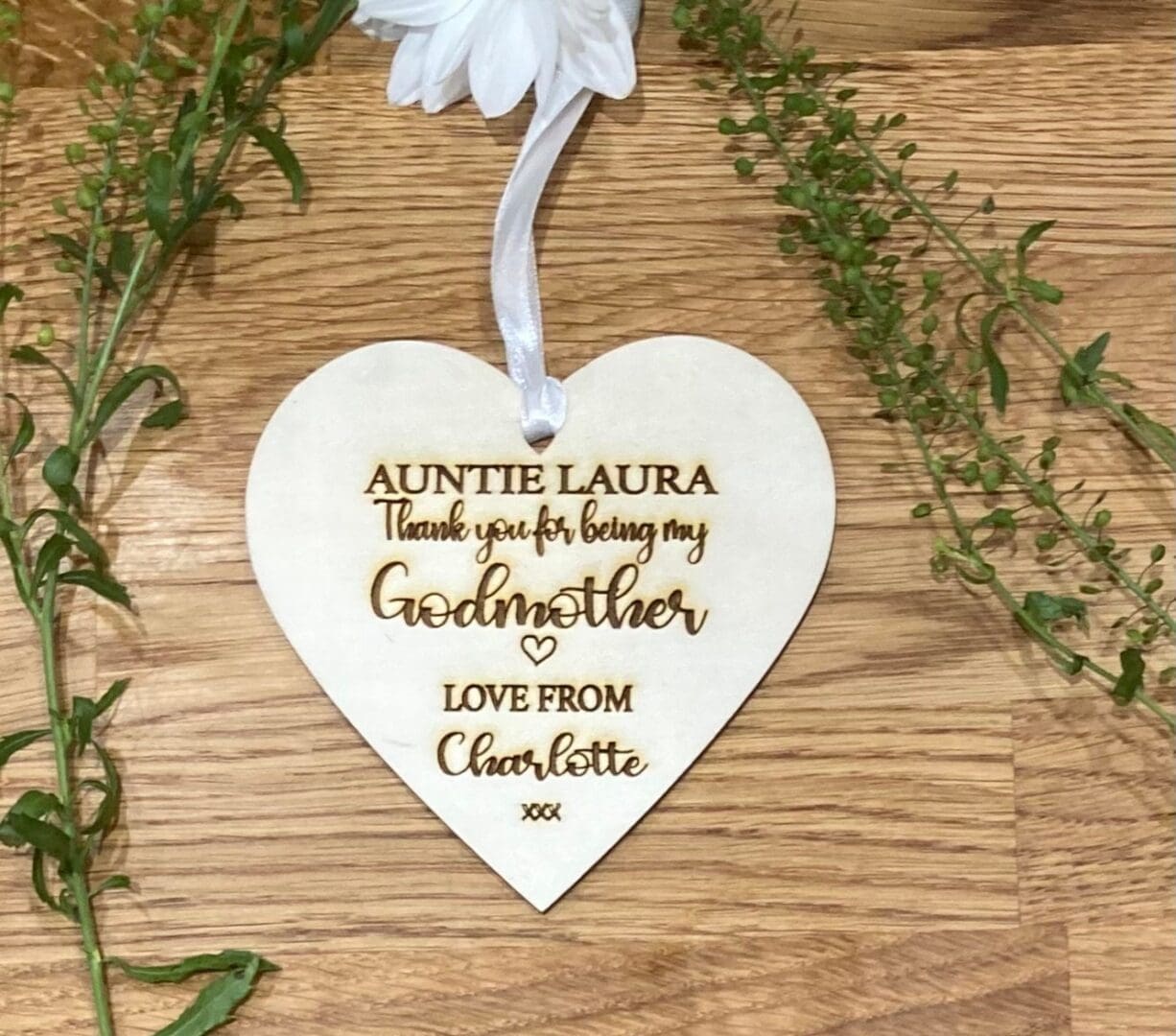 Personalised Godmother Gift: Engraved Wooden Heart Thank You