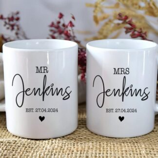 Personalized Mr and Mrs Mug Set, Custom Wedding Gift, Newlywed Coffee Cups