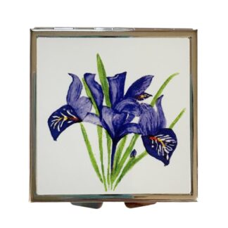 Aluminium square pill box featuring purple blue iris artwork