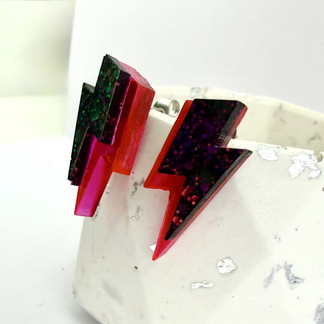 Pink and Black Lightning Bolt Maxi Stud Earrings - Image 5