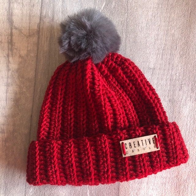 new born handmade crochet bobble hat in red with grey pom pom